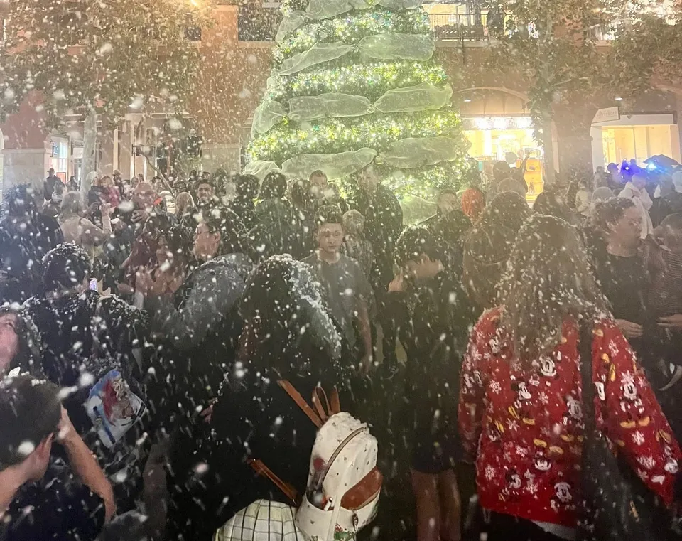 Artificial snow falls over a crowd at a nighttime holiday tree lighting